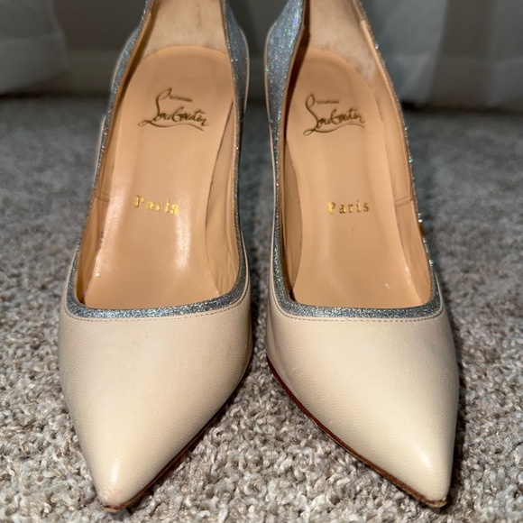 Christian Louboutin Beige and Glitter Silver Heels - Picture 1 of 7